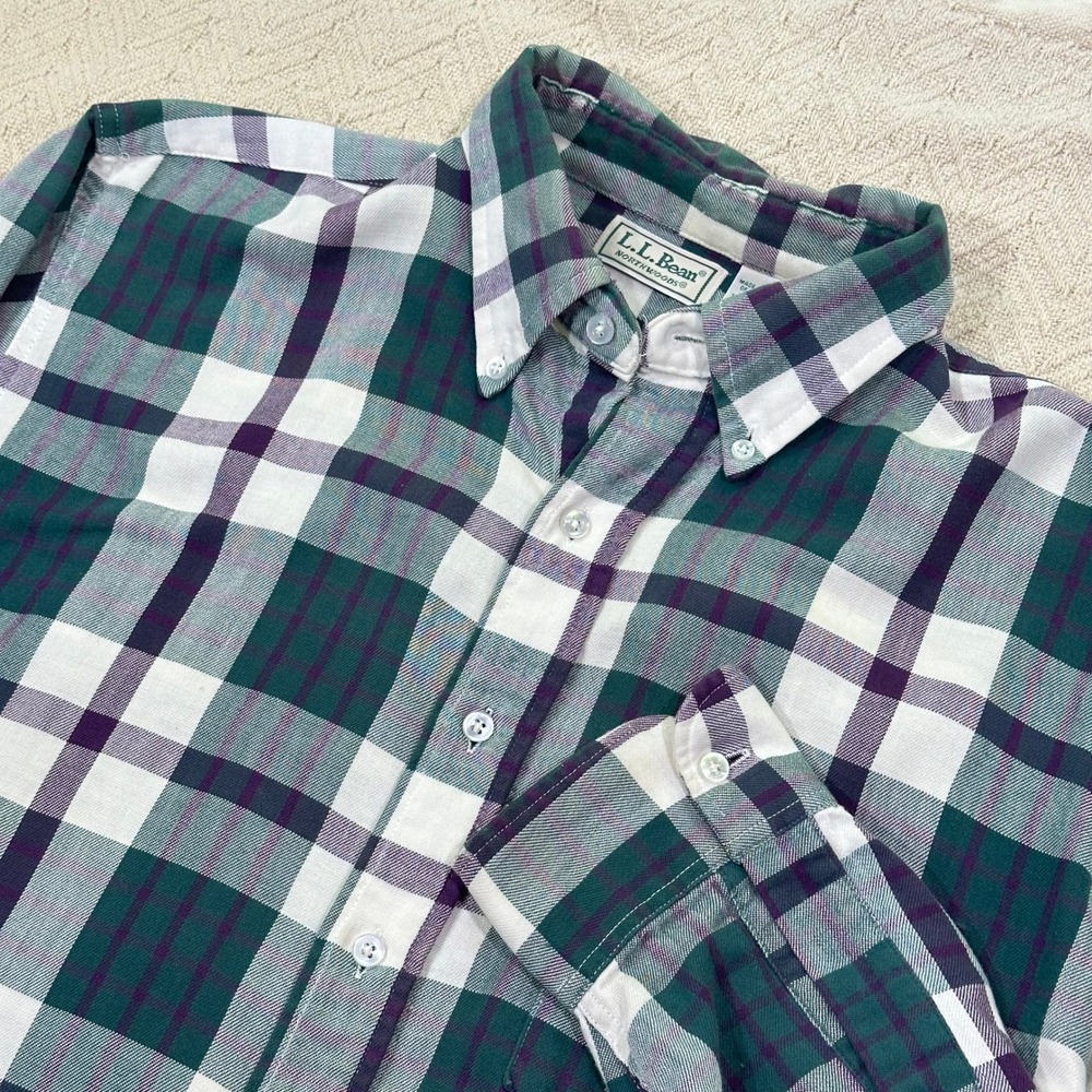 Vintage LL Bean Shirt Mens Large Green Plaid Cotton Northwoods USA Made FLAWED